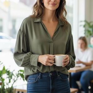 1250C Small Olive Green Tencel Long Sleeve V Neck Career Blouse Top P3